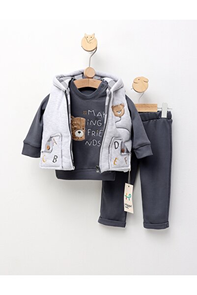 MiniKids 3-piece set with vest, Making Friends, gray