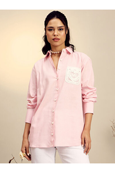 Sassafras By Styli Pink Striped Long Sleeve Shirt with Crochet Pocket