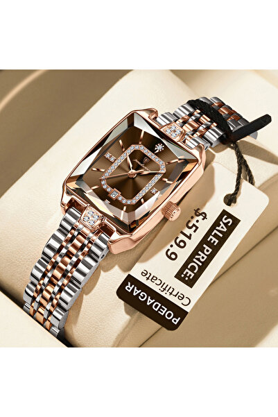 Choice6 ساعة نسائية فاخرة مستطيلة الشكل، لونها بني ذهبي عيار 785، مقاومة للما...