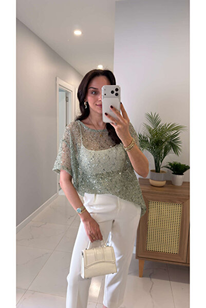 BİRCANÇİL Zr Woyye Water Green Braided Sequined Design Blouse