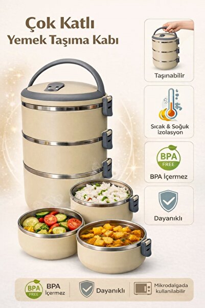 FeyzaDesign 3 Katlı Sızdırmaz Yemek Termosu, Mikrodalga Uyumlu, Sefer Tası