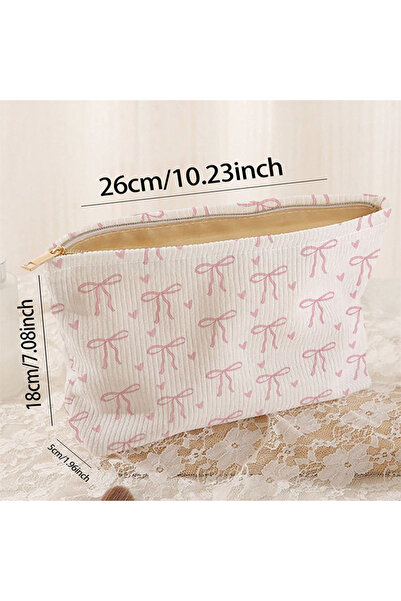 Choice1 حقيبة مستحضرات تجميل وردية اللون مزينة بفيونكة، مصنوعة من قماش الكورد...