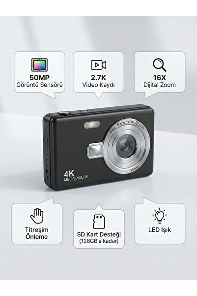 50MP Kompakt Dijital Fotoğraf Makinesi 16X Dijital Zoom Anti-Shake Vlog ve Video Kamerası