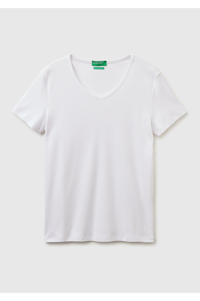 United Colors of Benetton Women's White 100% Cotton Wide V-Neck T-Shirt