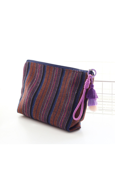 Choice1 حقيبة مكياج نسائية بنمط عرقي، مزينة بشراشيب مخطط، مزودة بسحاب، مناسبة...