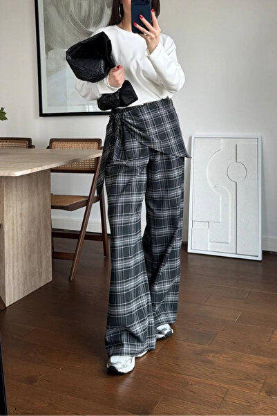 Mine Tan Butik Checkered Women's Palazzo Trousers - Gray