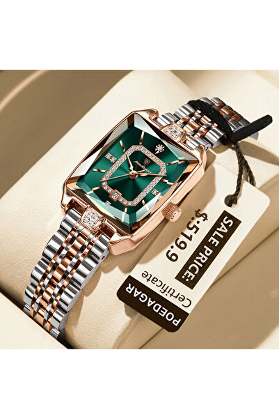 Choice7 ساعة نسائية فاخرة مستطيلة الشكل، ذهبية وخضراء، مقاومة للماء، مزودة بت...