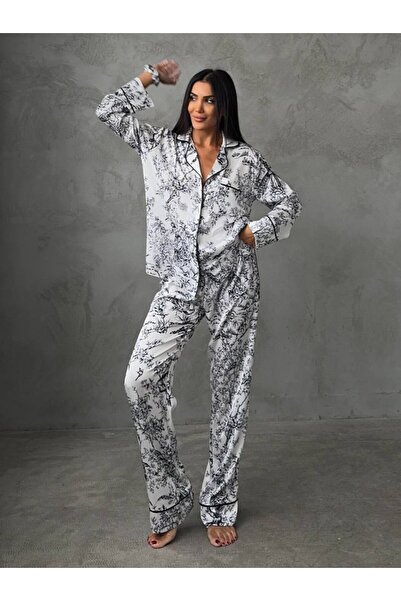 delis Women's two-piece pajama set, with buttons – 2401693, Black/white flora...