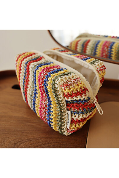 Choice1 حقيبة مستحضرات تجميل محبوكة ملونة من قماش البروكار، حقيبة يد عملية لل...