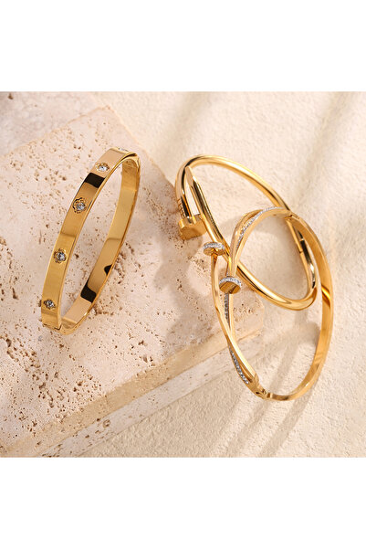 Choice طقم أساور أنيقة من الفولاذ المقاوم للصدأ بتصميم أظافر ذهبي للنساء، مجو...