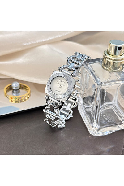 Choice5 Silver High-End Women's Skeleton Design Watch Square Roman Hour Marke...