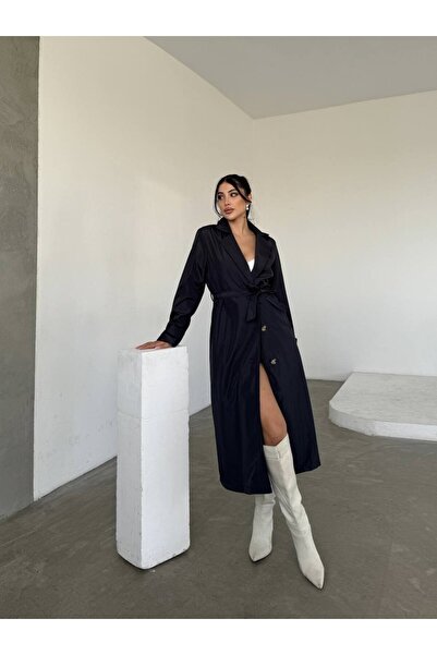 Maxi modena Long Navy Blue Trench Coat with Belt – Buttoned, with Slit Detail