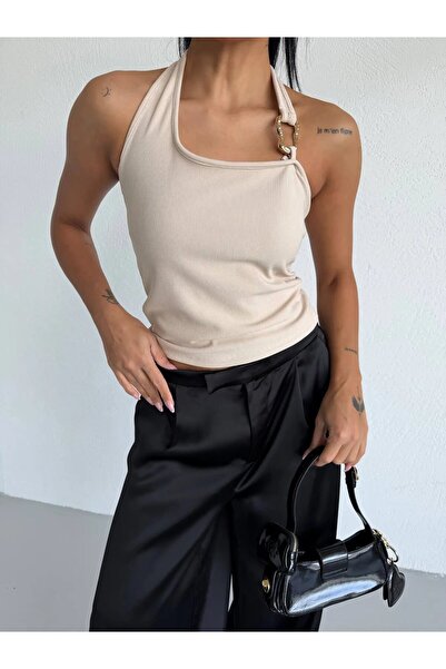 hazelin Bluză de damă din țesătură otomană bej, cu guler halter și detaliu cu...