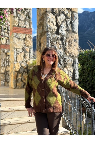 Punta Otantik Fr10734 Baklava Pattern V-Neck Cardigan Light Green