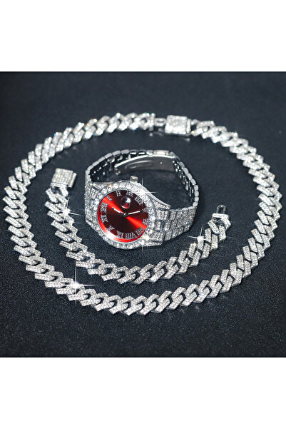 Choice Red 3pcs Men's Silver Watch Set Hip-hop Punk Inlay Diamond Watch+Cuban...