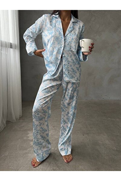 delis Women's two-piece pajama set, with buttons – 2401692, Blue floral print