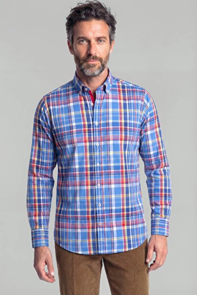 Bisse Men's Regular Fit Long Sleeve Pasha Collar Men's Regular Cotton Blue Shirt