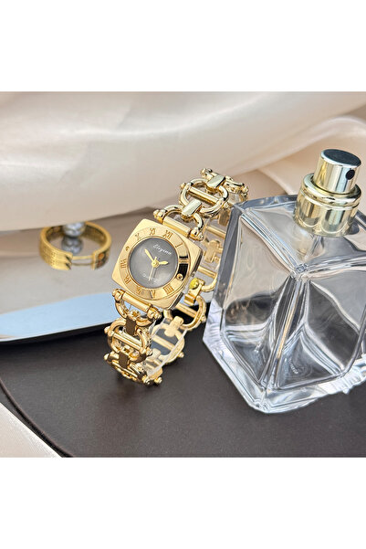 choice2 ساعة نسائية سوداء فاخرة بتصميم هيكلي، بعلامات ساعات رومانية مربعة، تص...