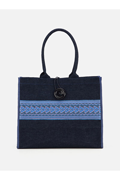 SU14 Navy Blue Denim Ethnic Patterned Shoulder Bag