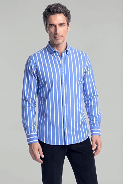 Bisse Regular Fit Long Sleeve Men's Cotton Blue Shirt