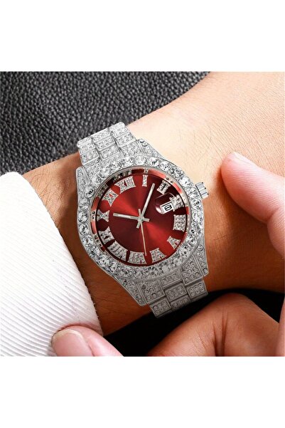 Choice7 ساعة رجالية فضية حمراء بتصميم هيب هوب، مستوحاة من الطراز القديم، تعمل...