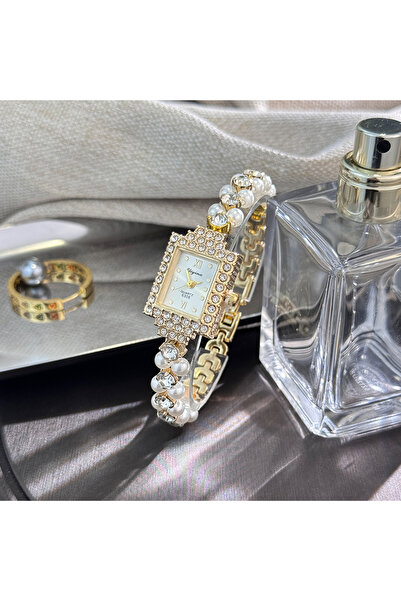 Choice سوار ساعة ذهبي فرنسي رومانسي مزدوج الصفوف مرصع بلؤلؤ صغير رائع، مربع ا...