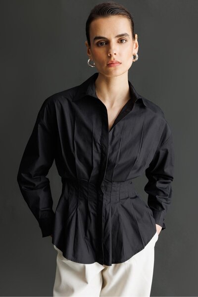 Mixray 4822 Kadın Pileli Belden Oturtmalı Poplin Gömlek Siyah