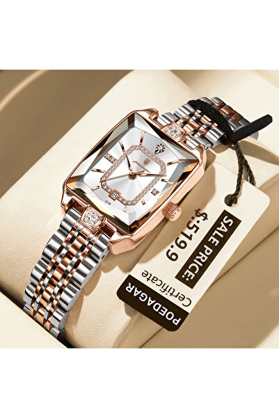 Choice4 ساعة نسائية فاخرة مستطيلة الشكل من الذهب الأبيض عيار 785، مقاومة للما...