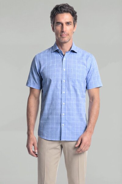 Bisse Regular Fit Erkek Kısa Kollu Klasik İtalyan Yaka Pamuk Mavi Gömlek