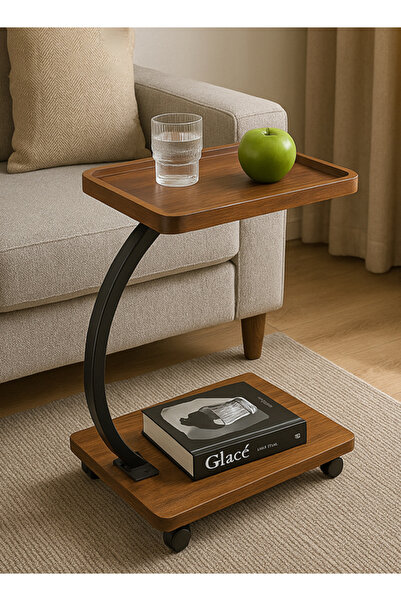 GOG Side Table with Wheels, C-Shaped Wooden Tray for Sofa, Laptop & Coffee, C...