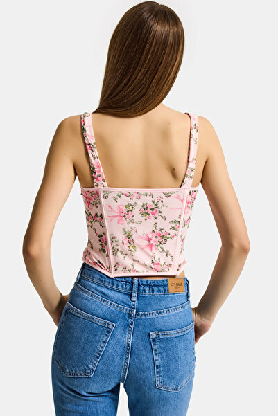 it's basic Kadın Pembe Çiçekli w5 Balenli Kuş Gözü Detaylı Özel Desen Tasarım Askılı Büstiyer