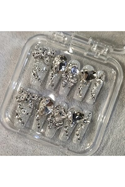 Choice3 مجموعة من 10 قطع من الأظافر الاصطناعية الفضية الطويلة المرصعة بالألما...