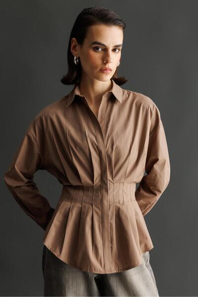 Mixray 4822 Kadın Pileli Belden Oturtmalı Poplin Gömlek Moka