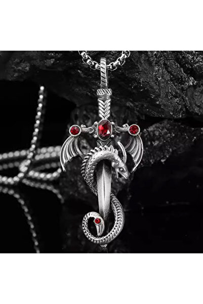 Choice1 Red Vintage imitation gemstone dragon sword pendant necklace accessor...