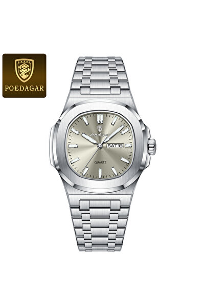 Choice ساعة يد رجالية عصرية بلون فضي داكن، تعرض التاريخ واليوم، مصنوعة من الف...