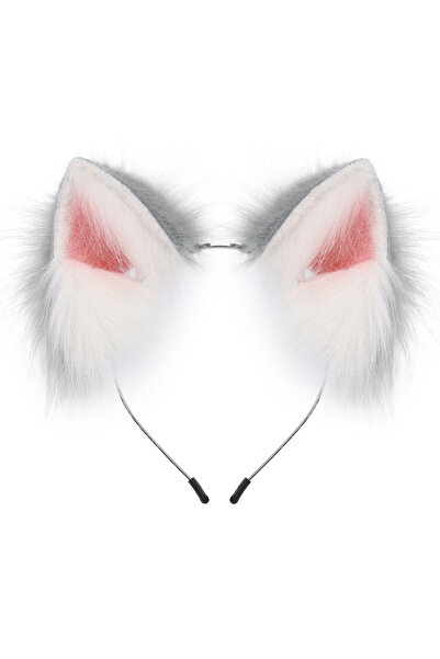 Choice11 طوق رأس مصنوع يدويًا من فرو صناعي الرمادي والأبيض، على شكل آذان حيوا...