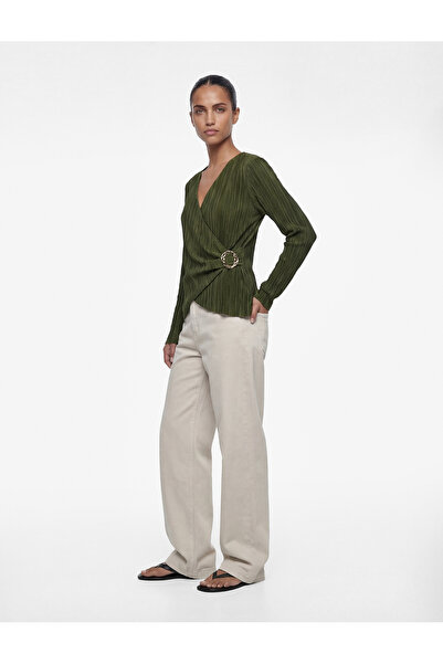 Koton Uzun Kollu Aksesuar Detaylı Kruvaze Piliseli Bluz