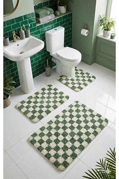 EUROBANO Chess Dama Pattern Latex Non-Slip Base Machine Washable 3-Piece Bath...