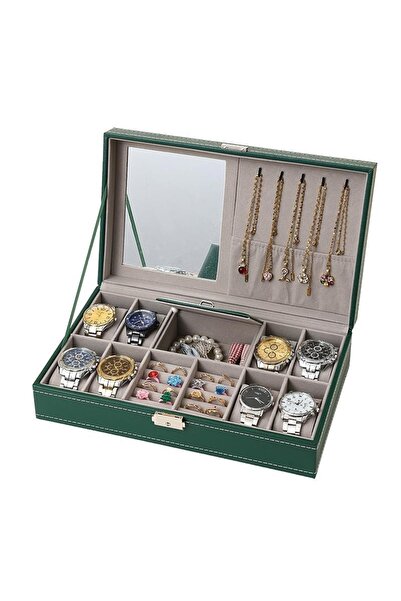 choice2 صندوق تخزين مجوهرات أخضر من جلد الصناعي، يتسع لساعتين، مناسب للخواتم ...