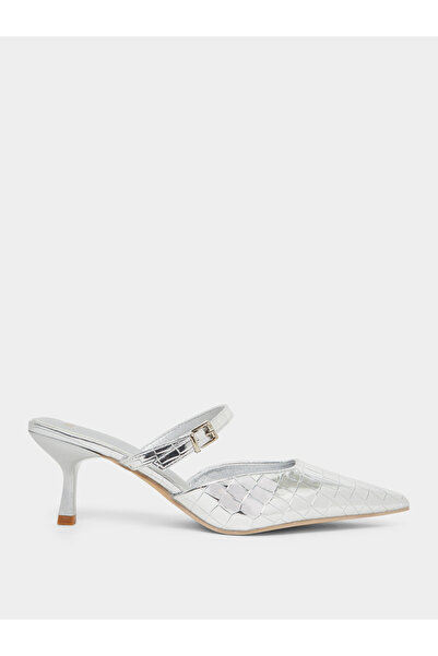 Styli Silver Embossed Pointed Toe Mules