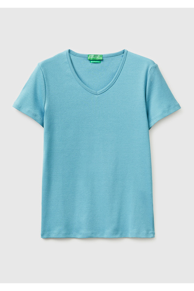 United Colors of Benetton Women's Light Blue 100% Cotton Wide V-Neck T-Shirt
