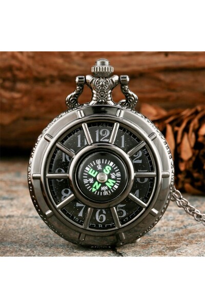 Choice ساعة يد كوارتز سوداء عتيقة بتصميم بوصلة، مع قلادة، ووظيفة التوقيت العا...