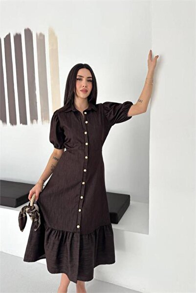 Neşeli Butik Γυναικείο καφέ φόρεμα τζιν με βολάν και λεπτομέρειες με κουμπιά ...