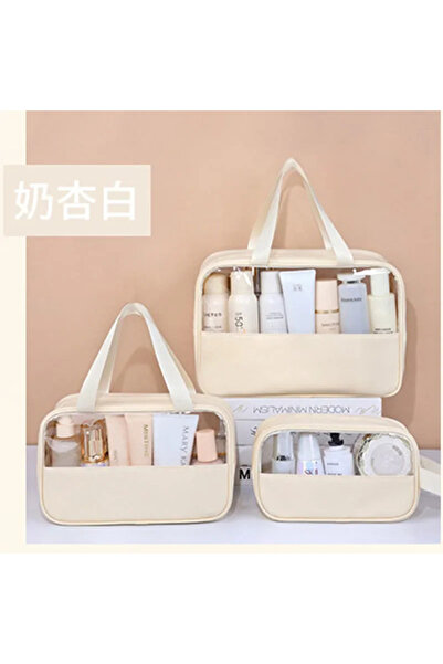 Choice5 حقيبة مكياج شفافة بيج اللون مكونة من 3 قطع، حقيبة سفر محمولة لمستحضرا...