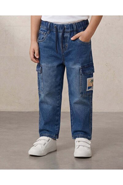 REDTAG Boys Blue Character Patch Cargo Pocket Straight Fit Pullon Jeans