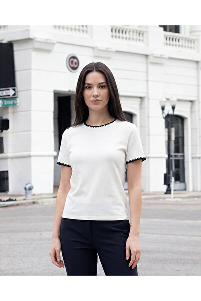 REDTAG Women’s White Crew Neck Top With Contrast Embroidered Detail