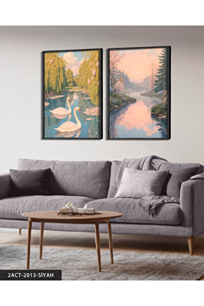Evinemoda Swans and Landscape 2 Pieces Wooden Framed Painting Act