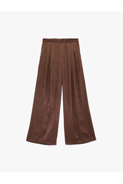 Koton Regular Waist Pleated Wide Leg Satin Trousers with Pocket Detail