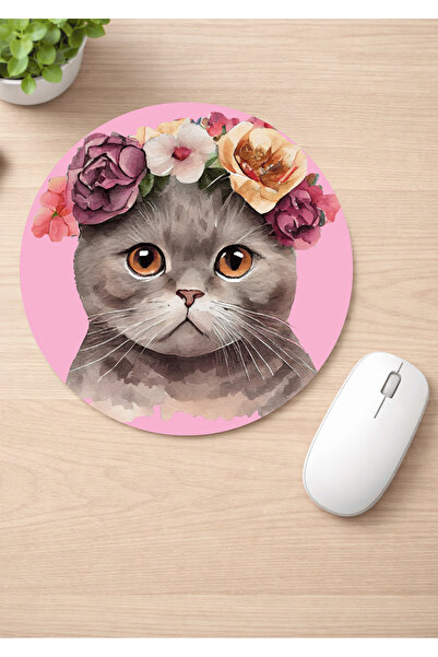 Eylül Design Floral Cats Printed Round Non-Slip Mousepad Ergonomic Mouse Pad