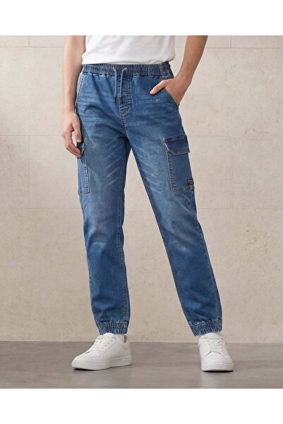 REDTAG Senior Boys Blue Knit Denim Cargo Jogger